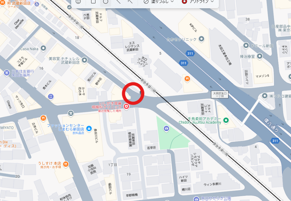 陥没した道路の場所を示す住宅地図