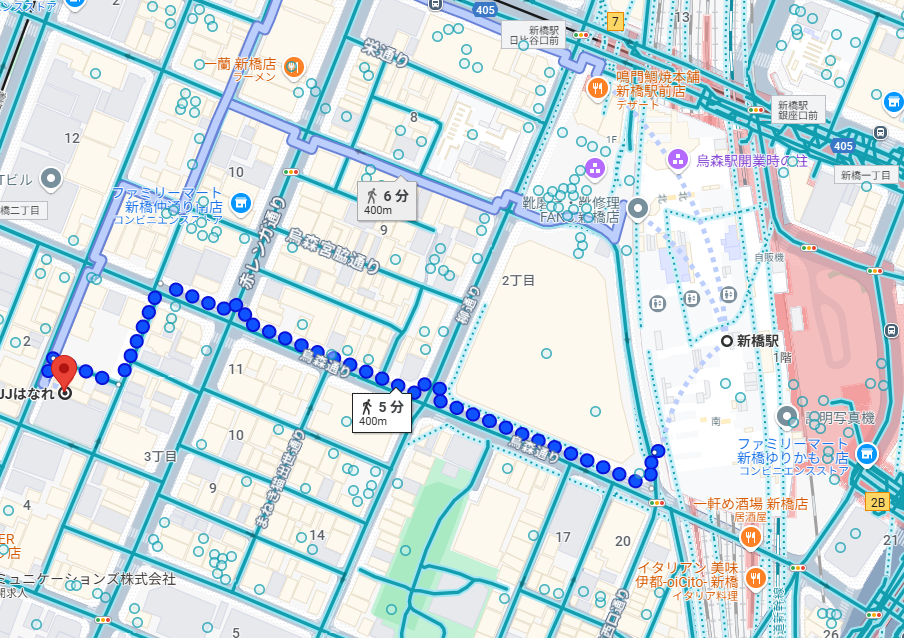 新橋駅から朝昼jjはなれへの道順